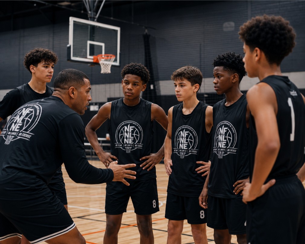Jeunes athlètes NFNL Basketball réunis autour de leur entraîneur pendant une séance d’équipe compétitive.