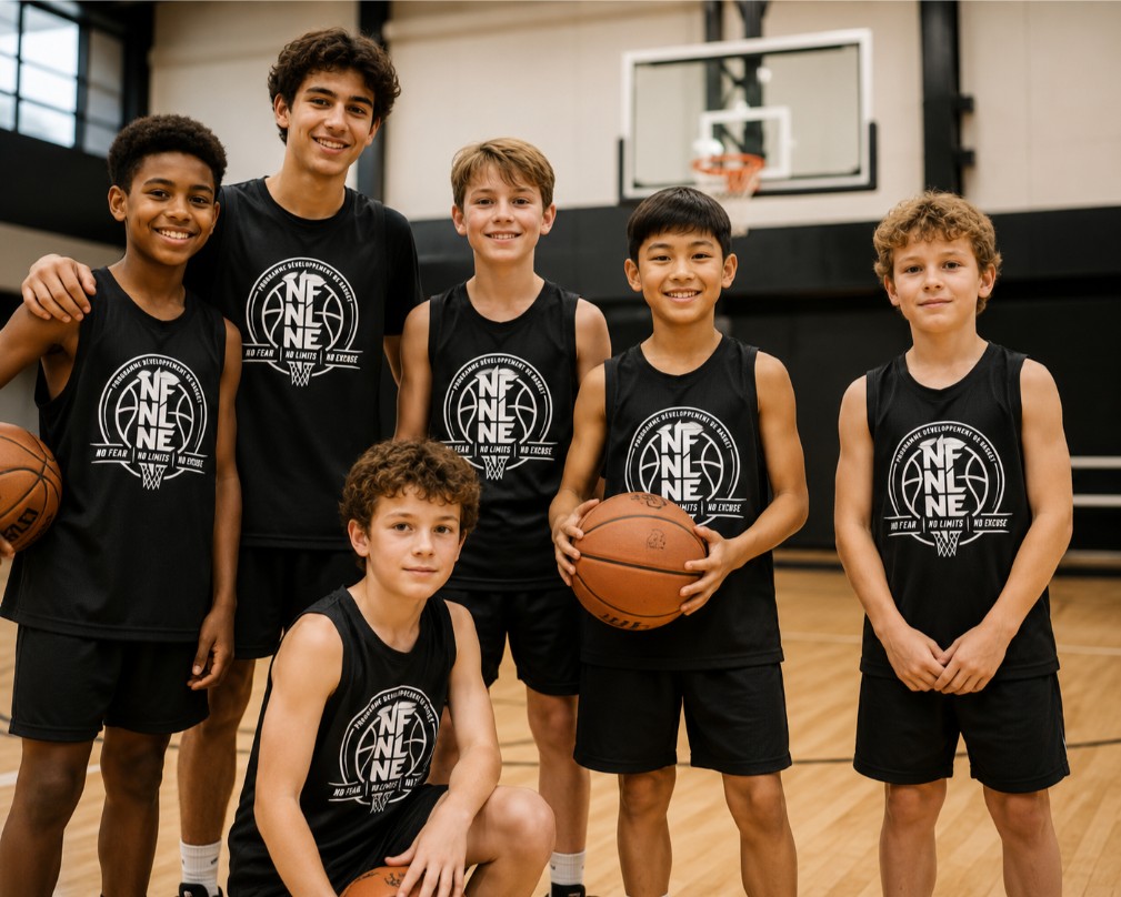 Entraîneur NFNL Basketball encadrant des jeunes joueurs pendant un entraînement de développement des habiletés basketball.