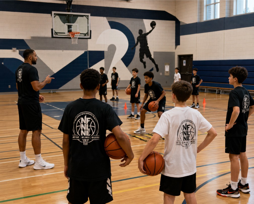 Jeunes joueurs participant à un camp de basketball NFNL Basketball à Montréal-Nord.