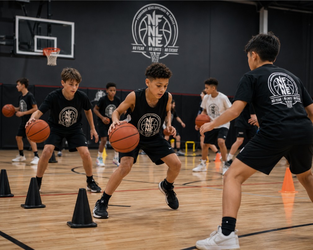 Jeunes joueurs de NFNL Basketball participant à un entraînement de camp et clinique à Montréal-Nord.