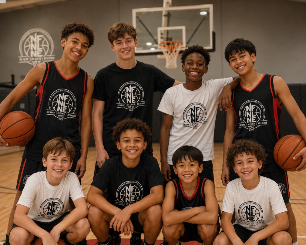 Groupe de jeunes garçons de 7 à 16 ans participant à un camp de basketball dans un gymnase.