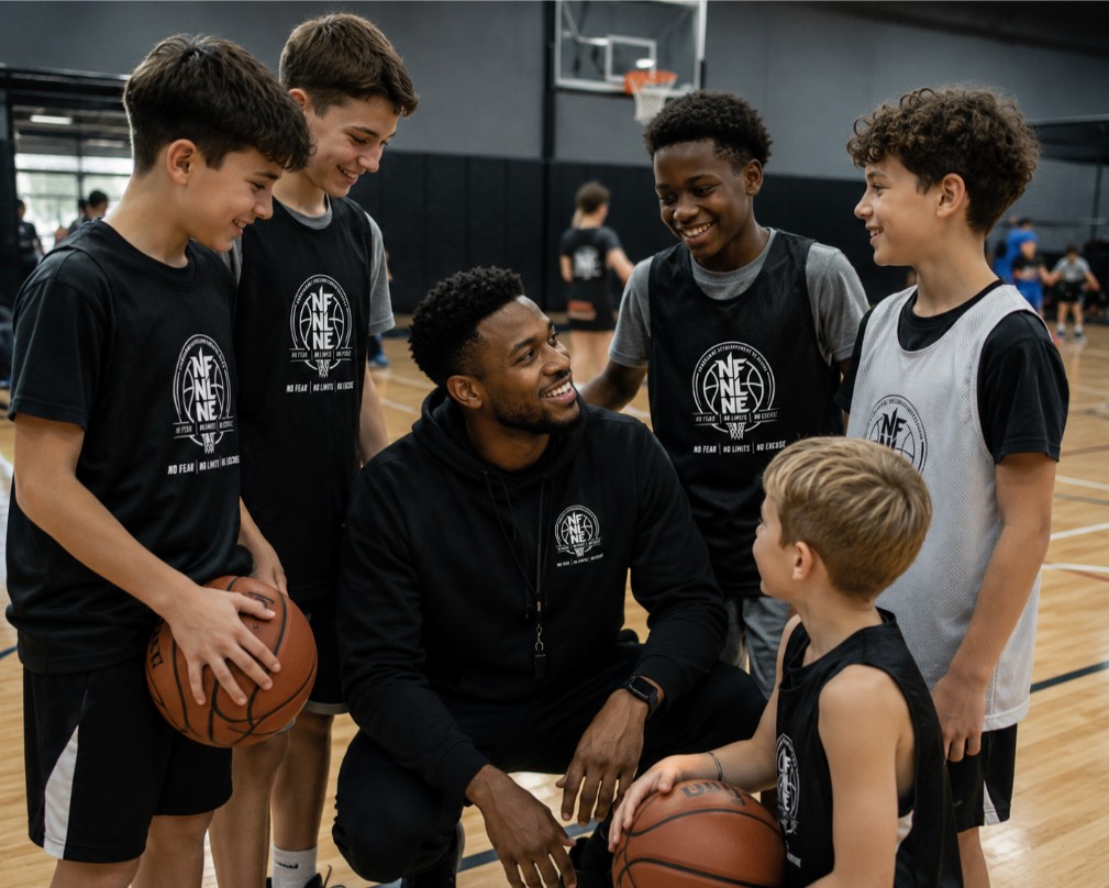 Entraîneur NFNL Basketball dirigeant une clinique de perfectionnement avec des jeunes joueurs.