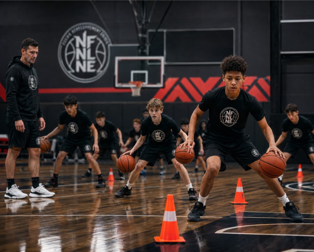 Coach NFNL Basketball motivant ses joueurs compétitifs dans un environnement sérieux et professionnel.