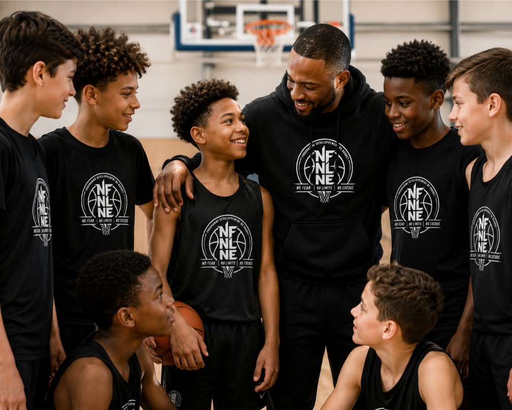 Entraîneur NFNL Basketball entouré de jeunes joueurs dans un environnement positif et structuré.