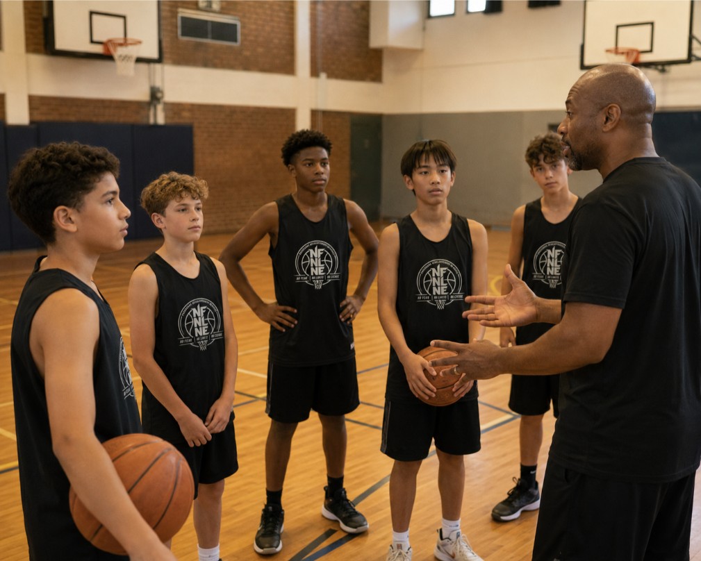 Groupe de jeunes garçons de 7 à 16 ans portant les chandails NFNL Basketball dans un gymnase.