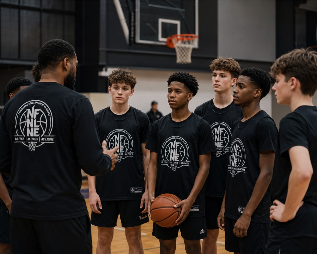Entraîneur NFNL Basketball souriant avec de jeunes joueurs pendant une activité de camp et clinique de basketball.