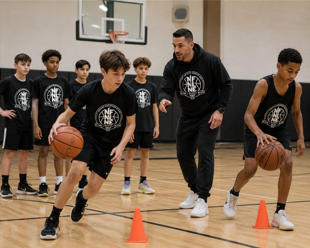 Jeunes joueurs de basketball travaillant le dribble, la coordination et la technique avec NFNL Basketball.