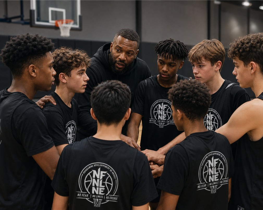 Équipe compétitive NFNL Basketball pendant une séance d’entraînement dans un gymnase intérieur.