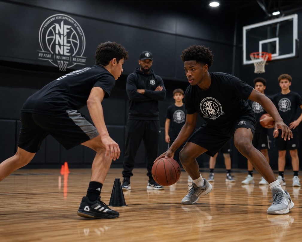 Jeunes joueurs de NFNL Basketball en équipe compétitive dans un gymnase de basketball à Montréal-Nord.