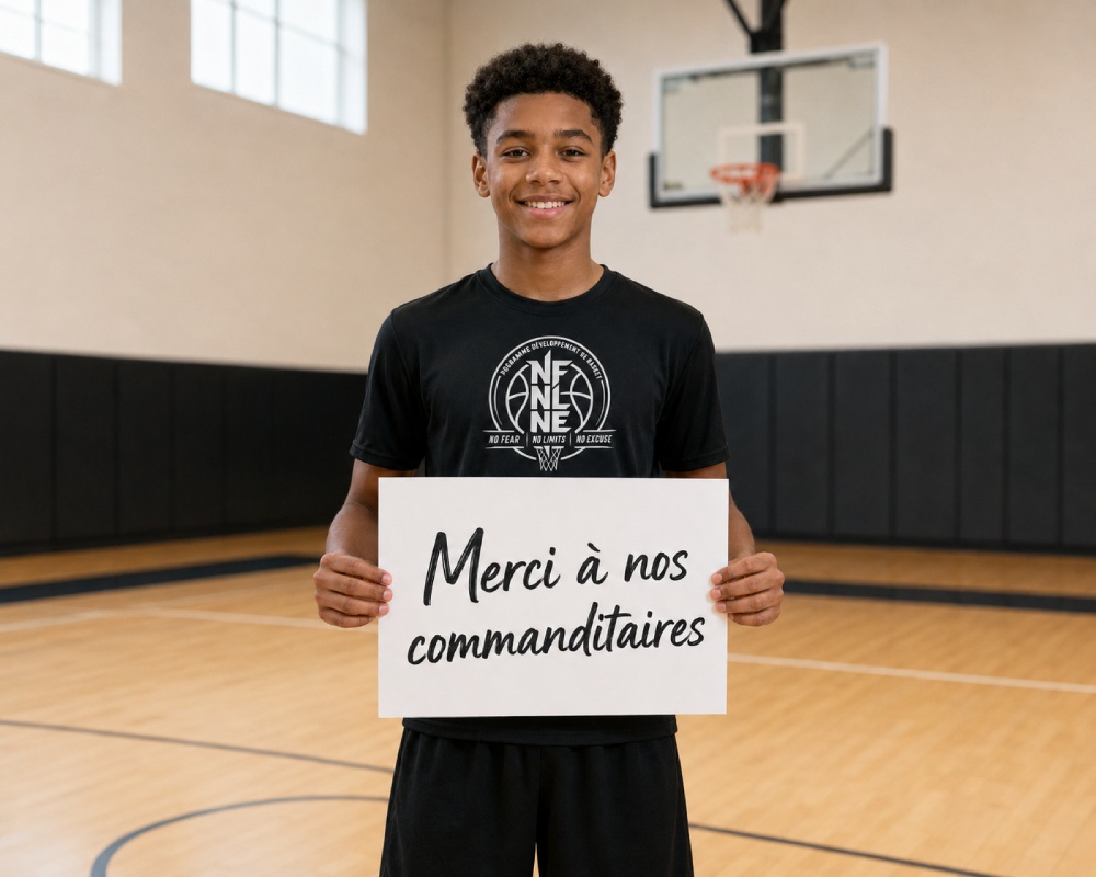 Jeune joueur de NFNL Basketball tenant une affiche Merci à nos commanditaires dans un gymnase de basketball à Montréal-Nord.