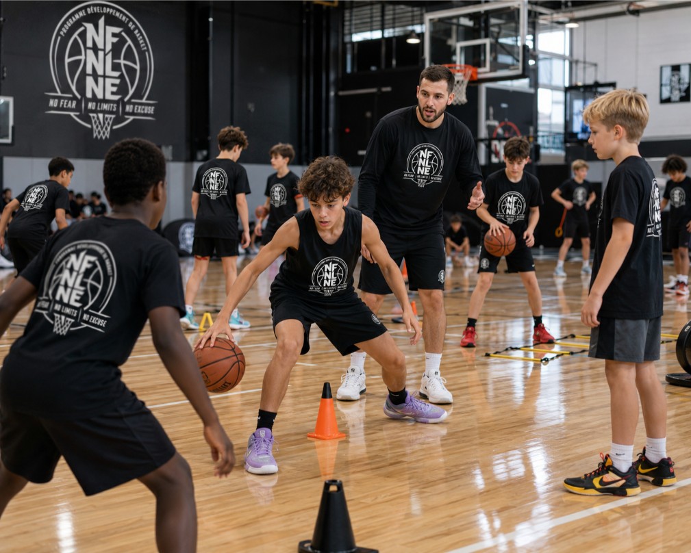 Jeunes joueurs travaillant leurs habiletés individuelles durant une clinique de basketball NFNL.