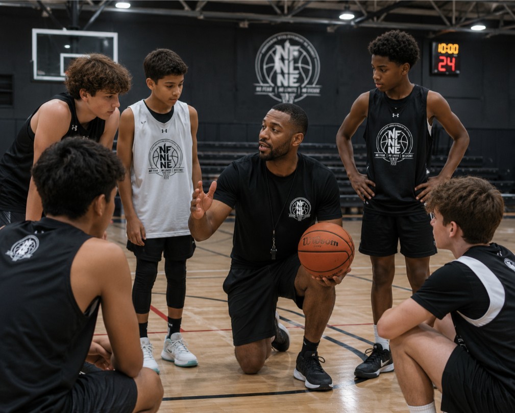 Jeunes joueurs de basketball en entraînement compétitif travaillant l’intensité, la défense et la prise de décision.
