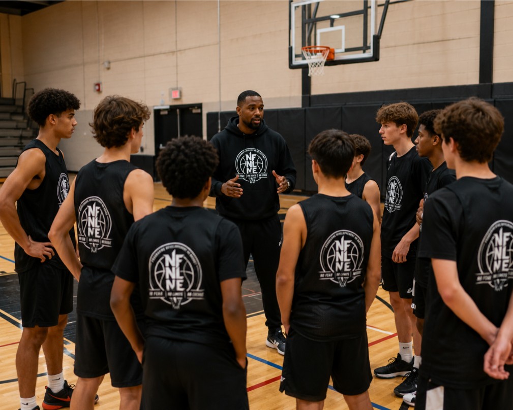 Entraîneur expliquant les consignes à une équipe compétitive de jeunes joueurs NFNL Basketball.