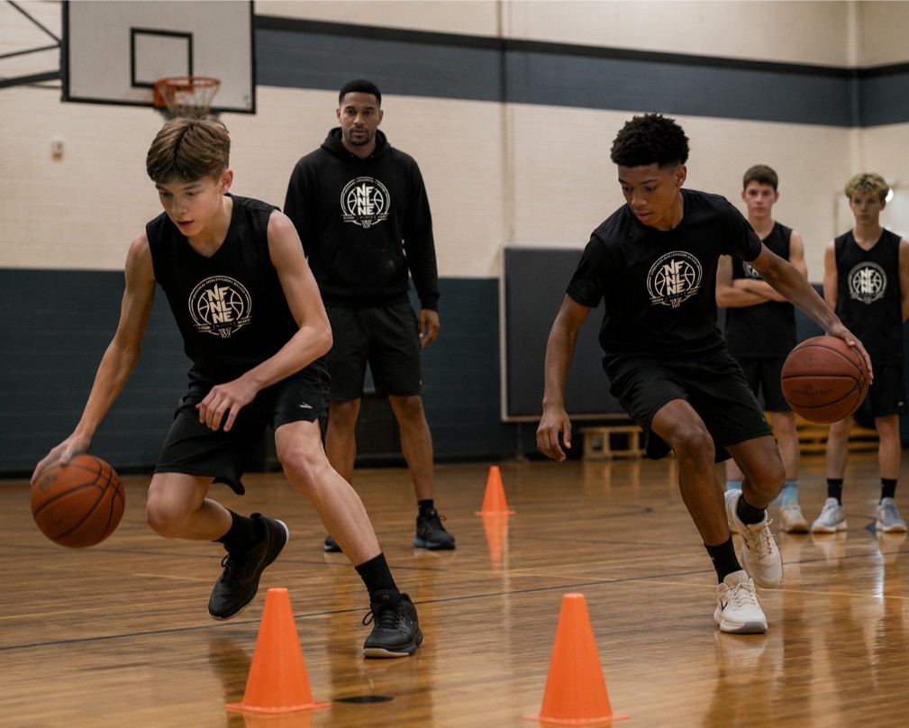 Jeunes joueurs de NFNL Basketball en entraînement dans un gymnase à Montréal-Nord.
